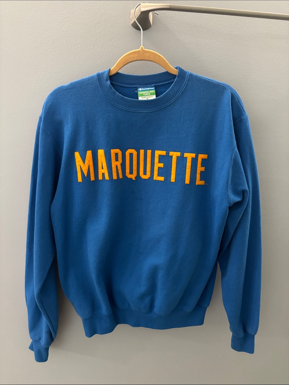 Champion Blue Crewneck Sweatshirt with Gold MARQUETTE Applique